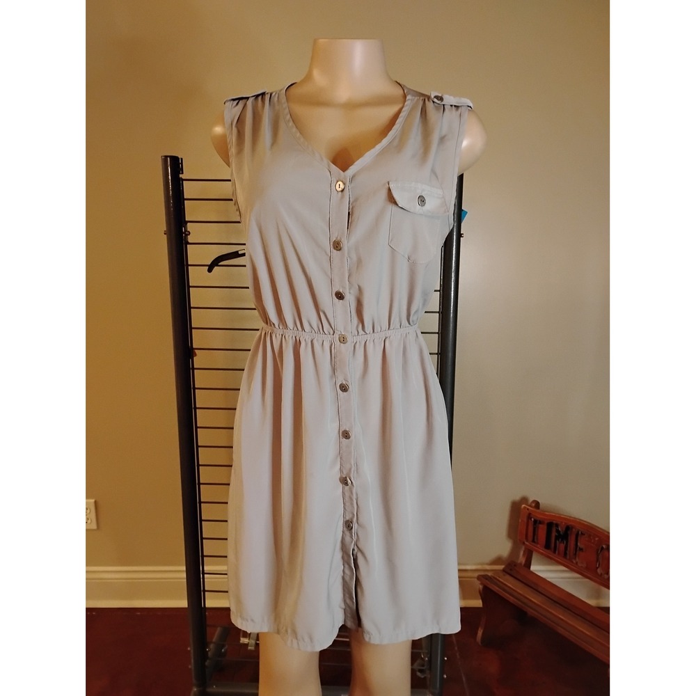 Charming Charlie Womens Sleeveless Button Down Elastic Waist Shirt Dress Taupe